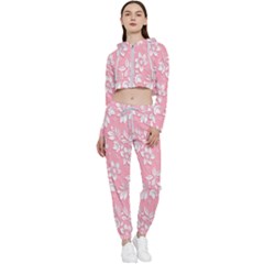 Texture With White Flowers Cropped Zip Up Lounge Set