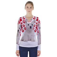 West Highland White Terrier Gift T- Shirt Cute West Highland White Terrier Valentine Heart Paw West V-neck Long Sleeve Top by maxcute