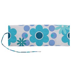 Flowers Pearls And Donuts Pastel Teal Periwinkle Teal White  Roll Up Canvas Pencil Holder (m) by Mazipoodles