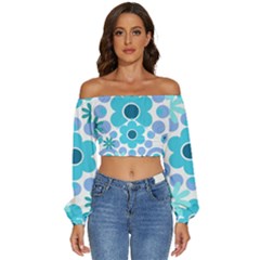 Flowers Pearls And Donuts Pastel Teal Periwinkle Teal White  Long Sleeve Crinkled Weave Crop Top