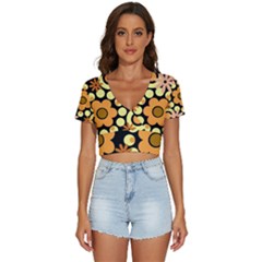 Flowers Pearls And Donuts Peach Yellow Orange Black V-neck Crop Top by Mazipoodles