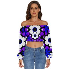 Flowers Pearls And Donuts Blue Purple White Black  Long Sleeve Crinkled Weave Crop Top by Mazipoodles