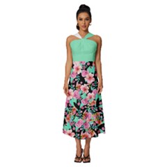 Flower Black Pink Sleeveless Cross Front Cocktail Midi Chiffon Dress by flowerland