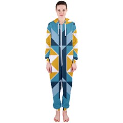 Abstract Pattern T- Shirt Hourglass Pattern  Sunburst Tones Abstract  Blue And Gold  Soft Furnishing Hooded Jumpsuit (ladies)