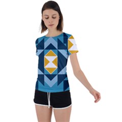 Abstract Pattern T- Shirt Hourglass Pattern  Sunburst Tones Abstract  Blue And Gold  Soft Furnishing Back Circle Cutout Sports Tee by maxcute