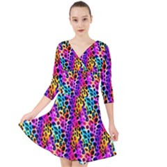 Rainbow Leopard Quarter Sleeve Front Wrap Dress by DinkovaArt