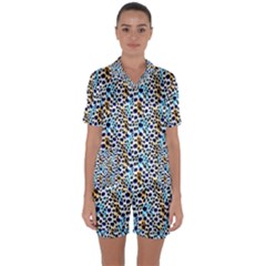 Blue Beige Leopard Satin Short Sleeve Pajamas Set by DinkovaArt