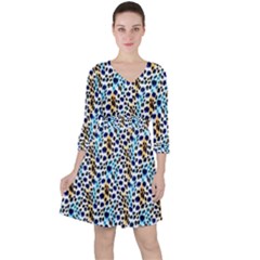 Blue Beige Leopard Quarter Sleeve Ruffle Waist Dress by DinkovaArt