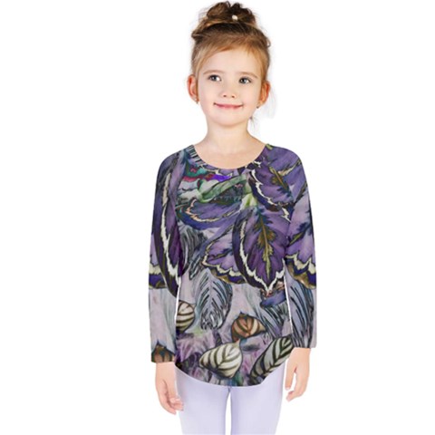 Dark Leaves Kids  Long Sleeve Tee by DinkovaArt