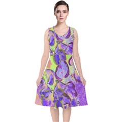 Purple Leaves V-neck Midi Sleeveless Dress  by DinkovaArt