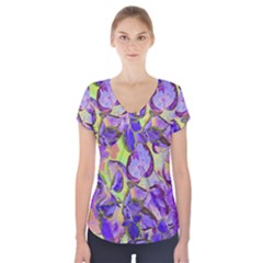 Purple Leaves Short Sleeve Front Detail Top by DinkovaArt