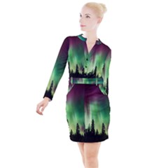 Aurora Borealis Northern Lights Nature Button Long Sleeve Dress