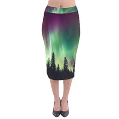 Aurora Borealis Northern Lights Nature Velvet Midi Pencil Skirt