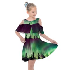 Aurora Borealis Northern Lights Nature Kids  Shoulder Cutout Chiffon Dress