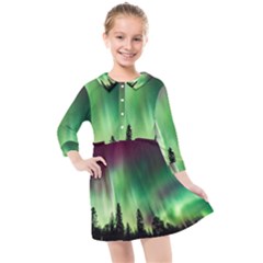 Aurora Borealis Northern Lights Nature Kids  Quarter Sleeve Shirt Dress by Ravend