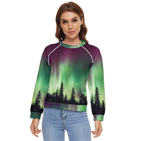 Aurora Borealis Northern Lights Nature Women s Long Sleeve Raglan Tee by Ravend