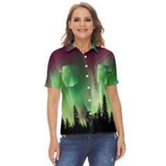 Aurora Borealis Northern Lights Nature Women s Short Sleeve Double Pocket Shirt