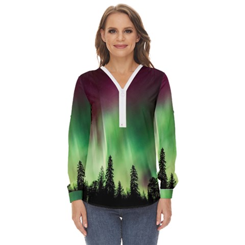 Aurora Borealis Northern Lights Nature Zip Up Long Sleeve Blouse by Ravend