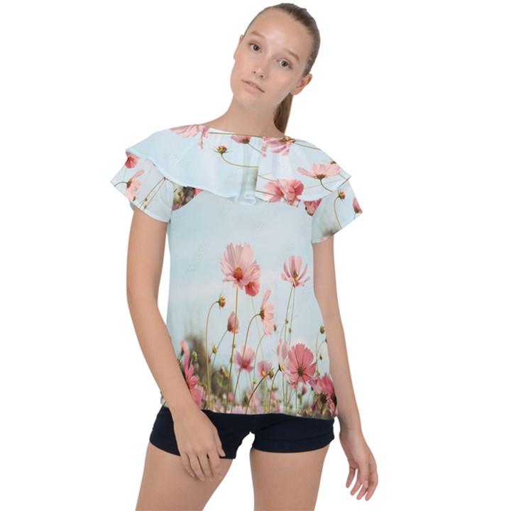 Cosmos Flower Blossom In Garden Ruffle Collar Chiffon Blouse