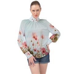 Cosmos Flower Blossom In Garden High Neck Long Sleeve Chiffon Top by artworkshop