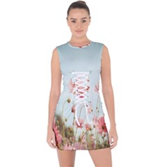 Cosmos Flower Blossom In Garden Lace Up Front Bodycon Dress by artworkshop