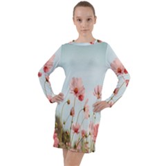 Cosmos Flower Blossom In Garden Long Sleeve Hoodie Dress by artworkshop