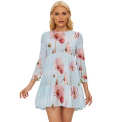 Cosmos Flower Blossom In Garden Long Sleeve Babydoll Dress by artworkshop