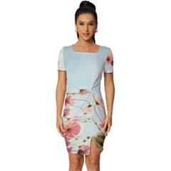 Cosmos Flower Blossom In Garden Fitted Knot Split End Bodycon Dress by artworkshop