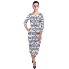 Black And White Tribal Print Pattern Quarter Sleeve Midi Velour Bodycon Dress by dflcprintsclothing