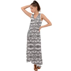 Black And White Tribal Print Pattern V-neck Chiffon Maxi Dress by dflcprintsclothing