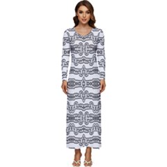 Black And White Tribal Print Pattern Long Sleeve Velour Longline Maxi Dress by dflcprintsclothing