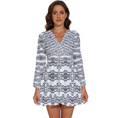 Black And White Tribal Print Pattern Long Sleeve V-neck Chiffon Dress  by dflcprintsclothing