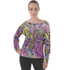 Abstract Intarsio Off Shoulder Long Sleeve Velour Top