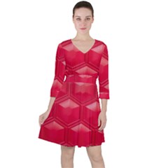 Red Textured Wall Quarter Sleeve Ruffle Waist Dress