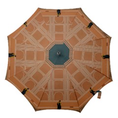 Person Stands By Tall Orange Wall And Looks- Up Hook Handle Umbrellas (large) by artworkshop