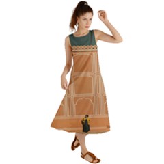 Person Stands By Tall Orange Wall And Looks- Up Summer Maxi Dress by artworkshop