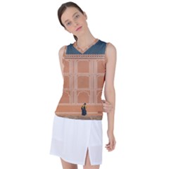 Person Stands By Tall Orange Wall And Looks- Up Women s Sleeveless Sports Top by artworkshop