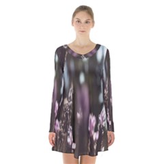 Purple Flower Pattern Long Sleeve Velvet V-neck Dress by artworkshop