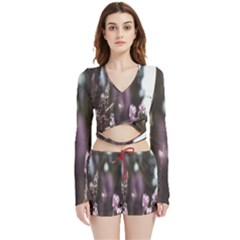 Purple Flower Pattern Velvet Wrap Crop Top and Shorts Set