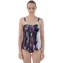 Purple Flower Pattern Twist Front Tankini Set