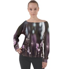 Purple Flower Pattern Off Shoulder Long Sleeve Velour Top