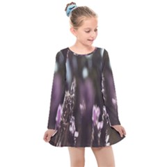 Purple Flower Pattern Kids  Long Sleeve Dress