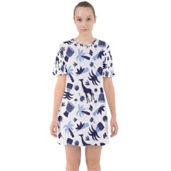 Cute Safari Animals Blue Giraffe Sixties Short Sleeve Mini Dress by Stikle