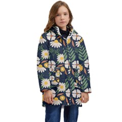 Flower Grey Pattern Floral Kid s Hooded Longline Puffer Jacket by Dutashop