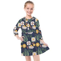 Flower Grey Pattern Floral Kids  Quarter Sleeve Shirt Dress