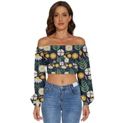 Flower Grey Pattern Floral Long Sleeve Crinkled Weave Crop Top