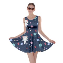 Cute-astronaut-cat-with-star-galaxy-elements-seamless-pattern Skater Dress by Vaneshart