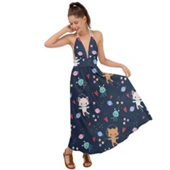 Cute-astronaut-cat-with-star-galaxy-elements-seamless-pattern Backless Maxi Beach Dress