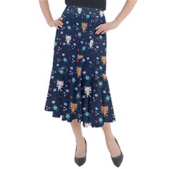 Cute-astronaut-cat-with-star-galaxy-elements-seamless-pattern Midi Mermaid Skirt by Vaneshart