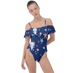 Cute-astronaut-cat-with-star-galaxy-elements-seamless-pattern Frill Detail One Piece Swimsuit